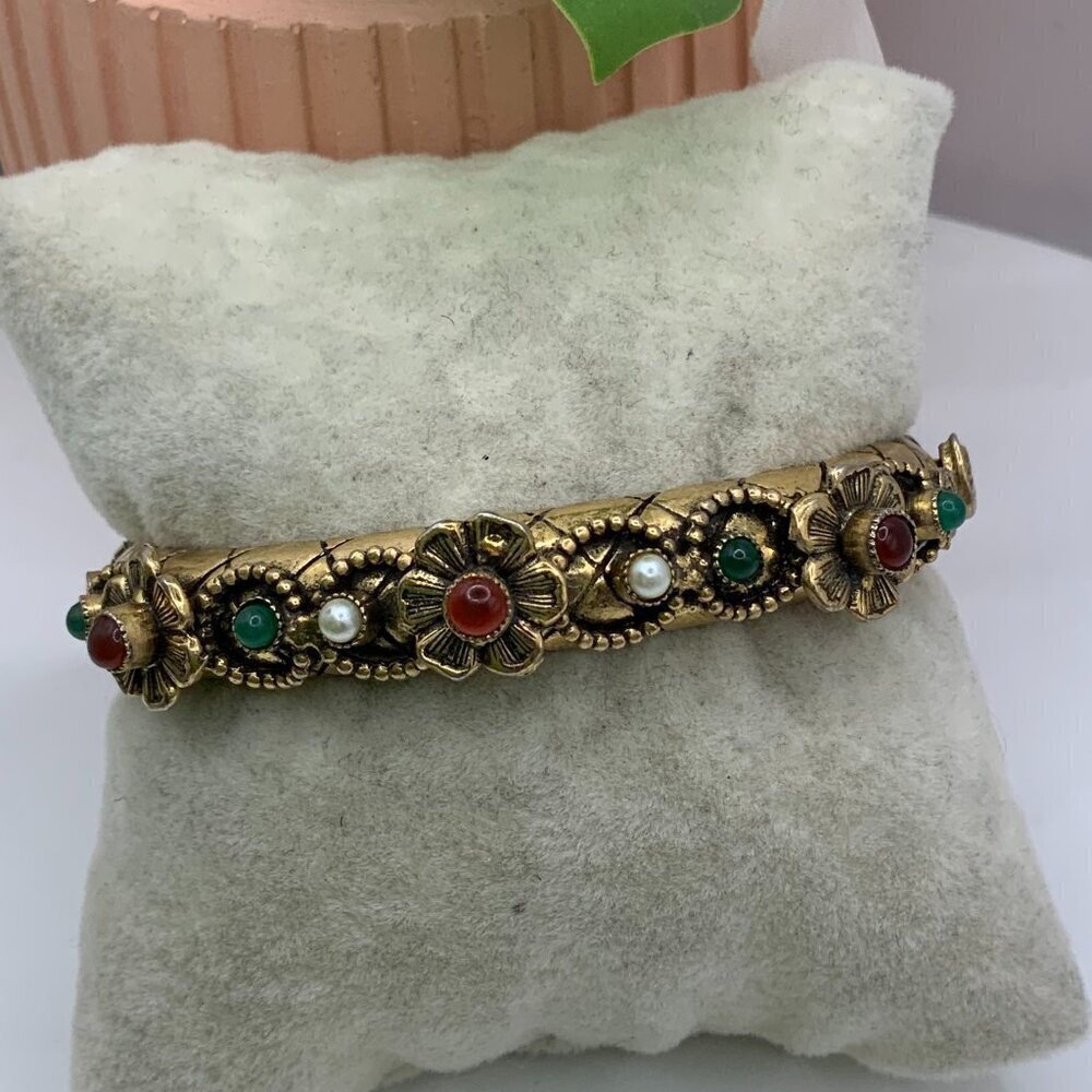 Original By Robert Vintage Floral Multi Colored Cabochons Hinged Bracelet